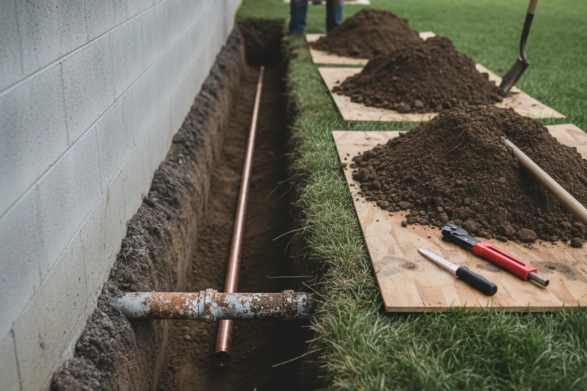 Excavated water line trench during Water Heater Repair in North Stonington